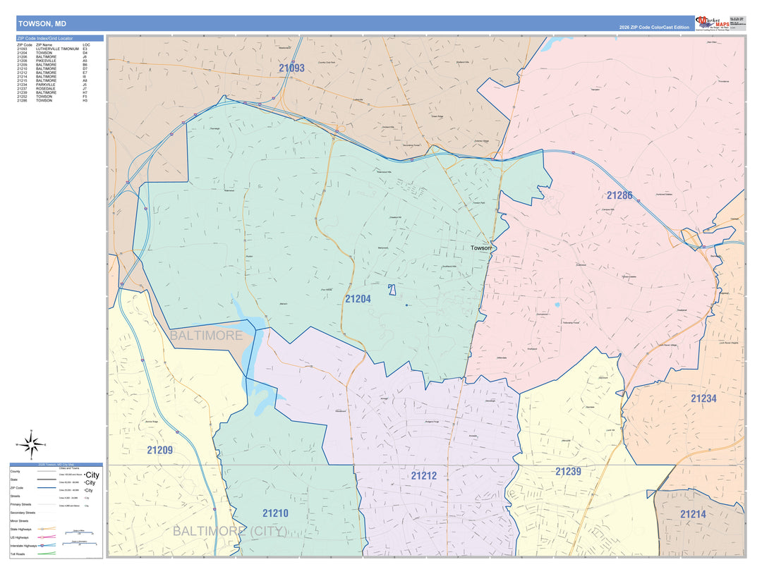 Color Cast Zip Code Style Wall Map of Towson, MD