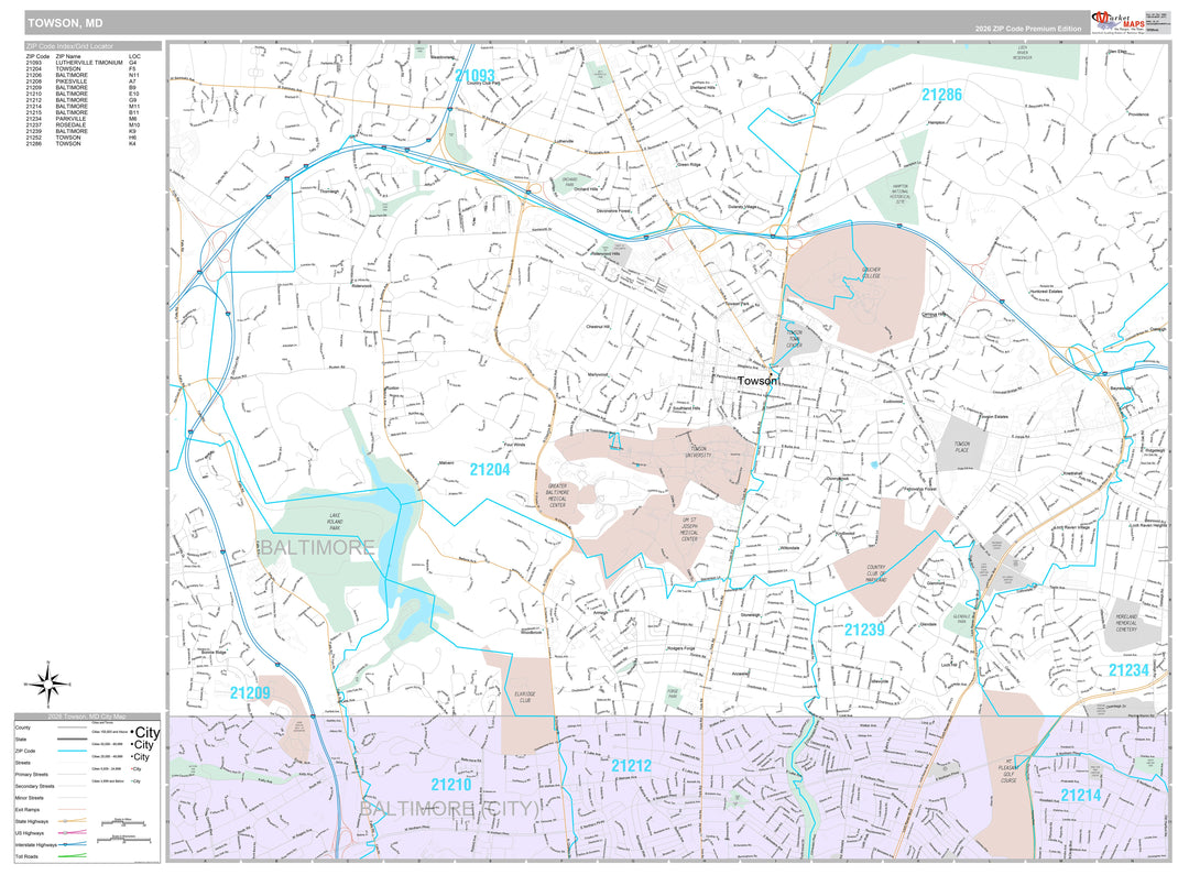Premium Style Wall Map of Townson, MD
