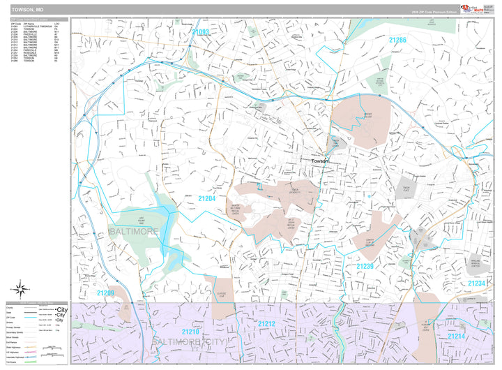 Premium Style Wall Map of Townson, MD
