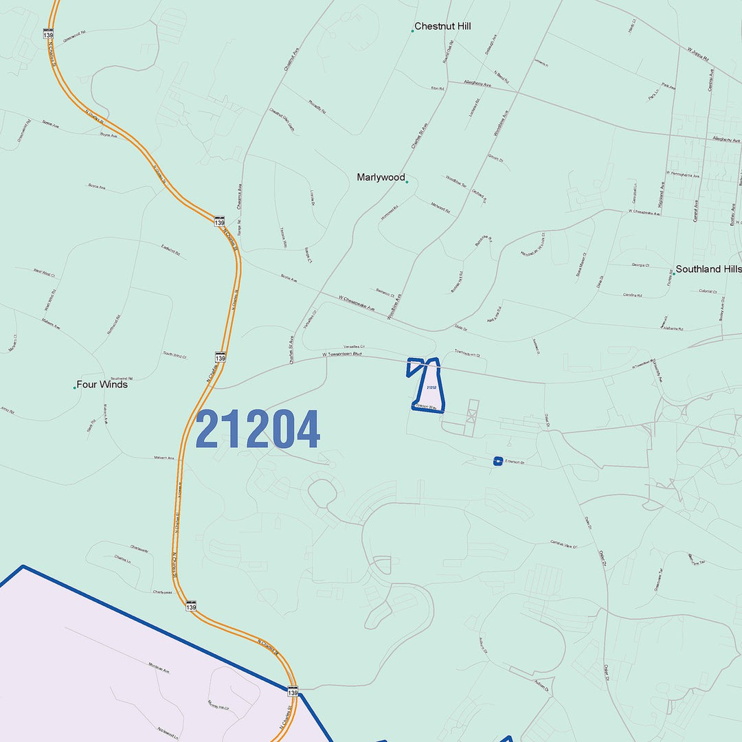 Color Cast Zip Code Style Wall Map of Towson, MD