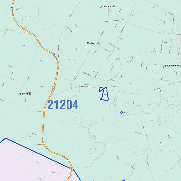 Color Cast Zip Code Style Wall Map of Towson, MD