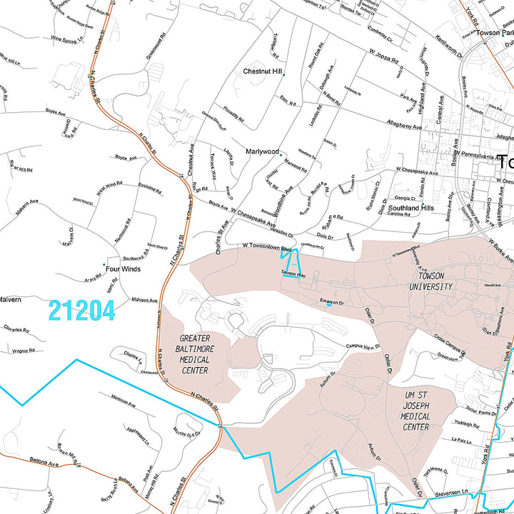 Premium Style Wall Map of Townson, MD