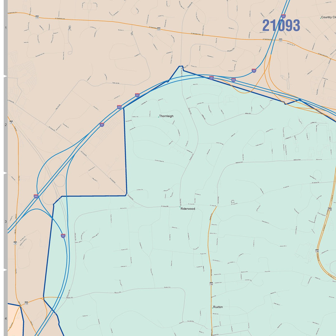Color Cast Zip Code Style Wall Map of Towson, MD