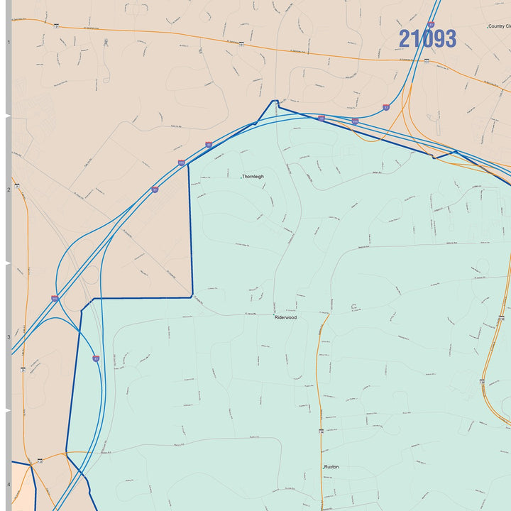 Color Cast Zip Code Style Wall Map of Towson, MD