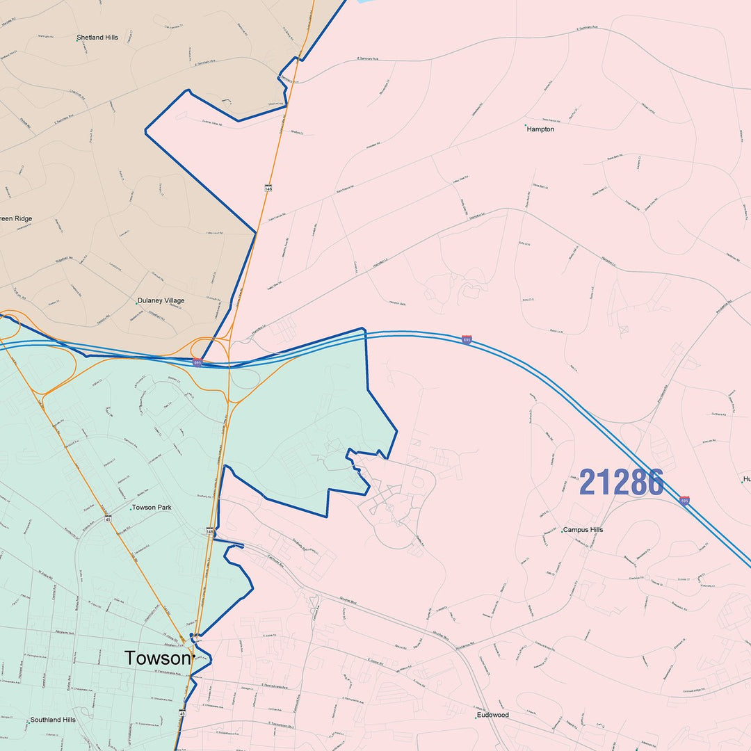 Color Cast Zip Code Style Wall Map of Towson, MD