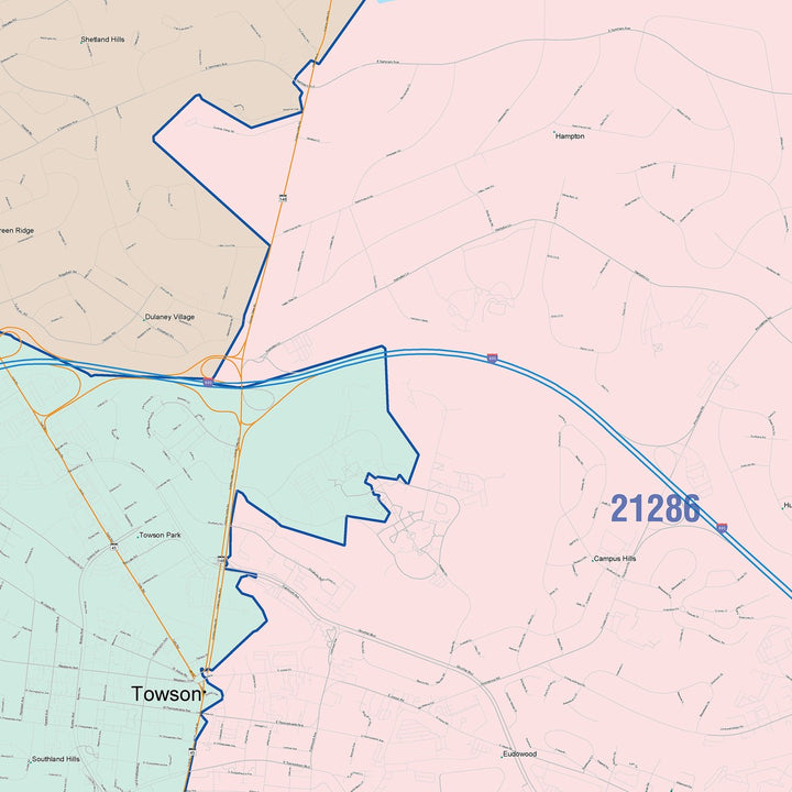 Color Cast Zip Code Style Wall Map of Towson, MD