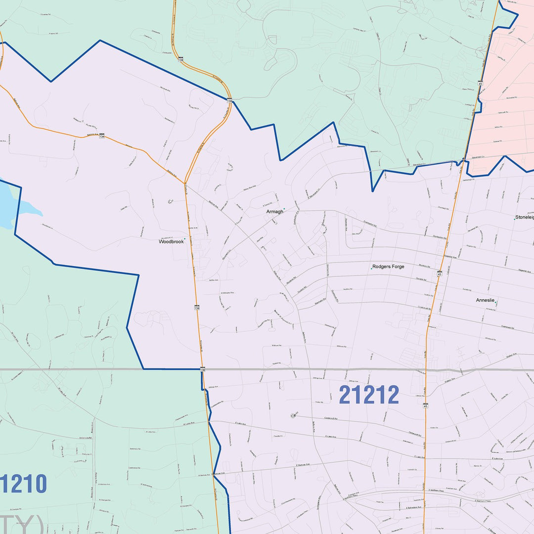 Color Cast Zip Code Style Wall Map of Towson, MD