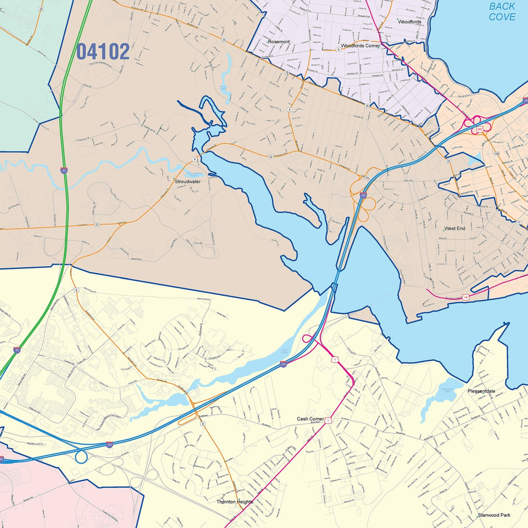 Color Cast Zip Code Style Wall Map of Portland, ME