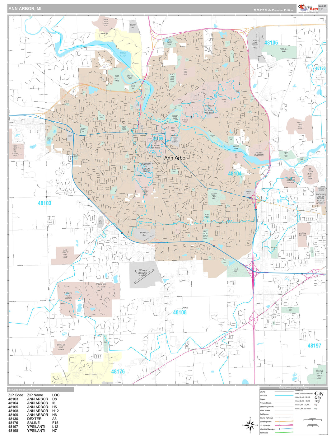 Premium Style Wall Map of Ann Arbor, MI