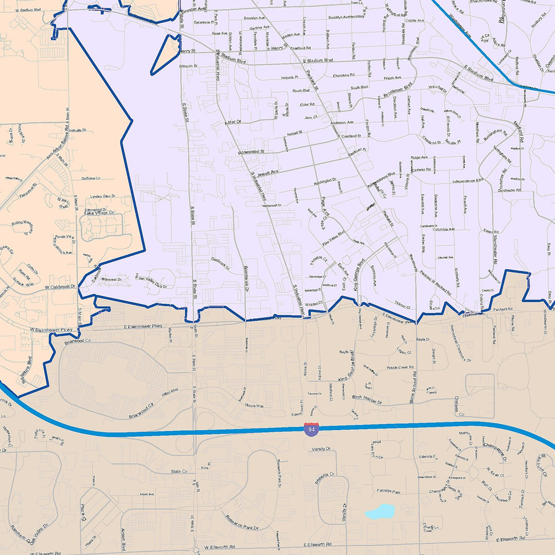 Color Cast Zip Code Style Wall Map of Ann Arbor, MI