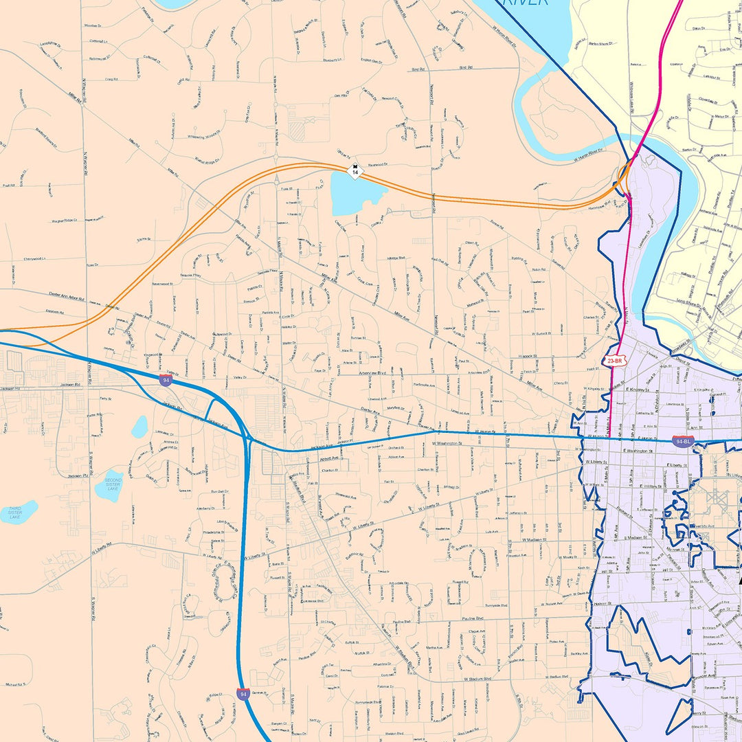 Color Cast Zip Code Style Wall Map of Ann Arbor, MI