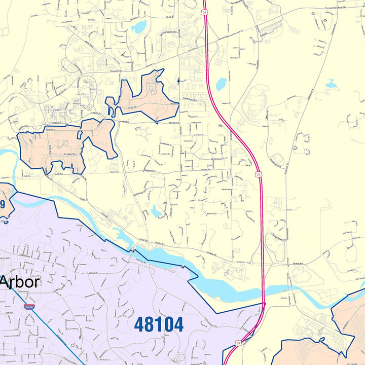Color Cast Zip Code Style Wall Map of Ann Arbor, MI