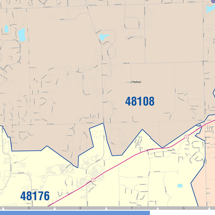 Color Cast Zip Code Style Wall Map of Ann Arbor, MI