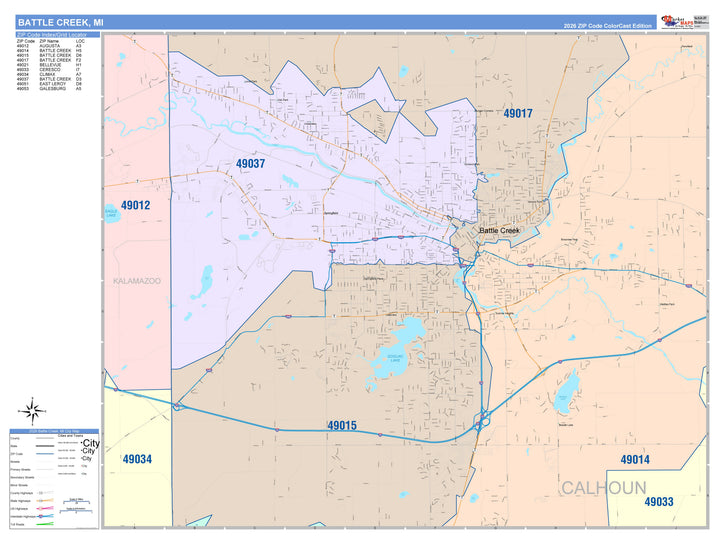 Color Cast Zip Code Style Wall Map of Battle Creek, MI
