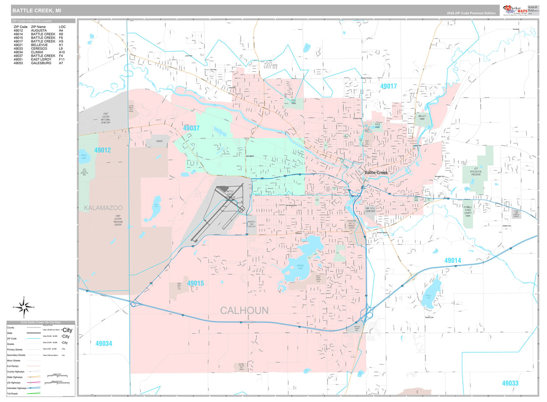 Premium Style Wall Map of Battle Creek, MI