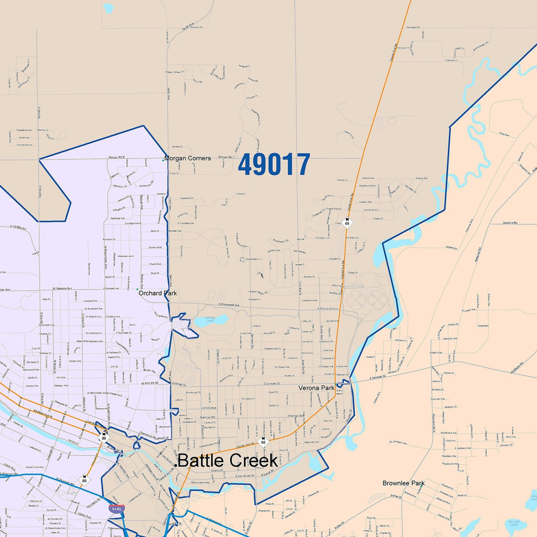 Color Cast Zip Code Style Wall Map of Battle Creek, MI