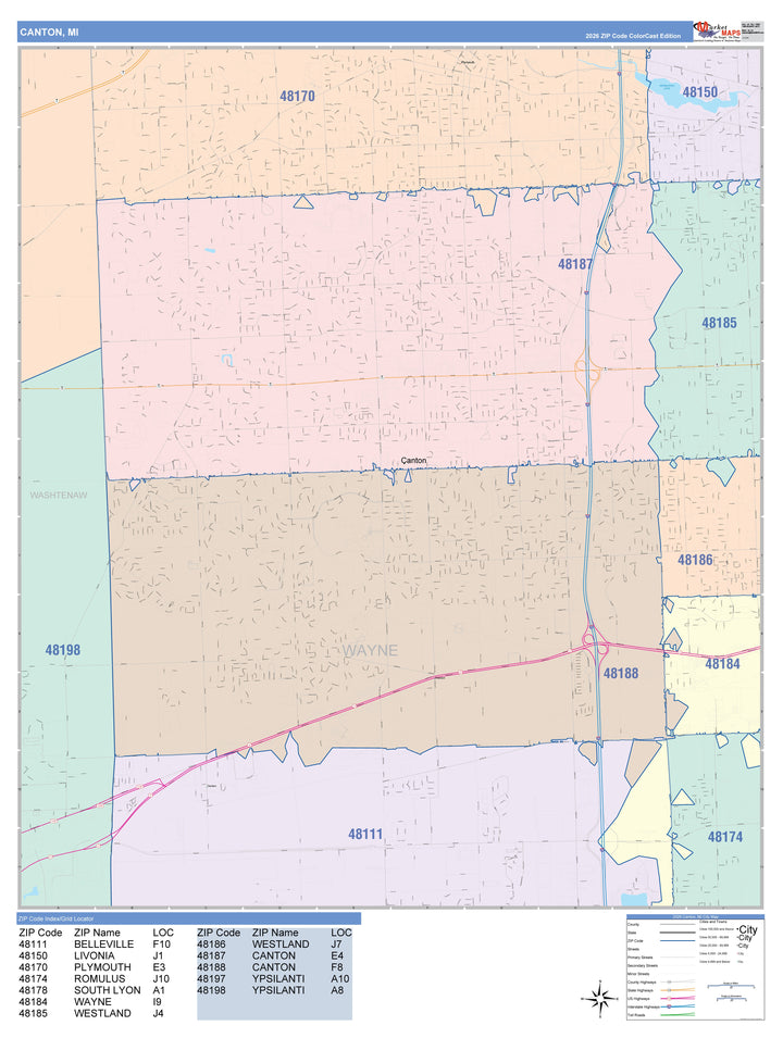 Color Cast Zip Code Style Wall Map of Canton, MI