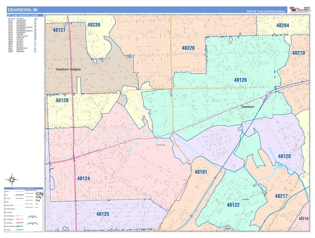 Color Cast Zip Code Style Wall Map of Dearborn, MI