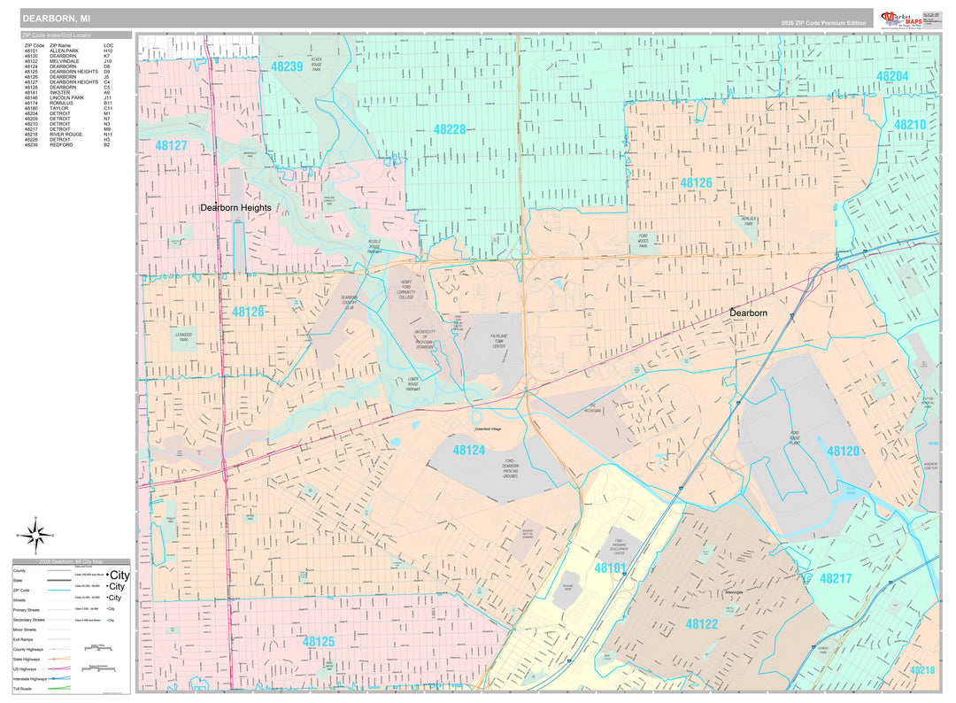 Premium Style Wall Map of Dearborn, MI