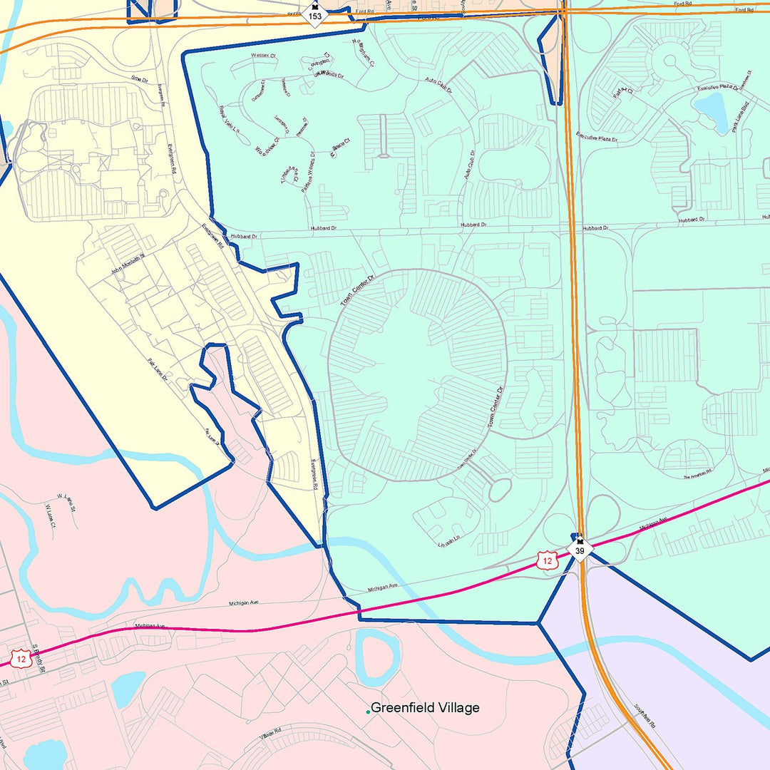 Color Cast Zip Code Style Wall Map of Dearborn, MI