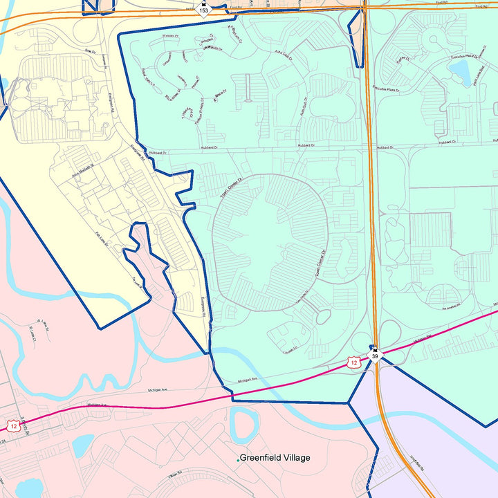 Color Cast Zip Code Style Wall Map of Dearborn, MI