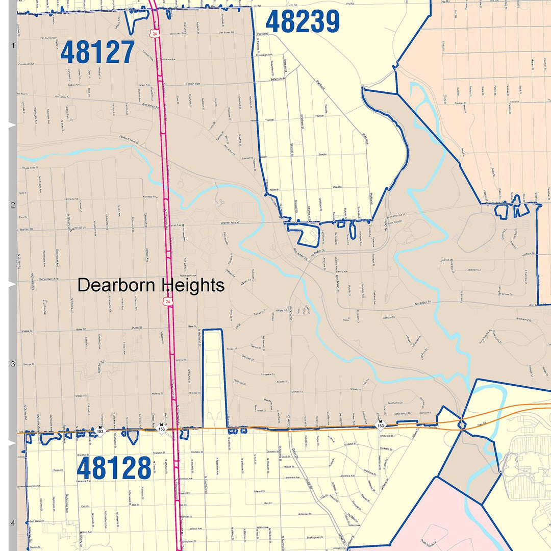 Color Cast Zip Code Style Wall Map of Dearborn, MI