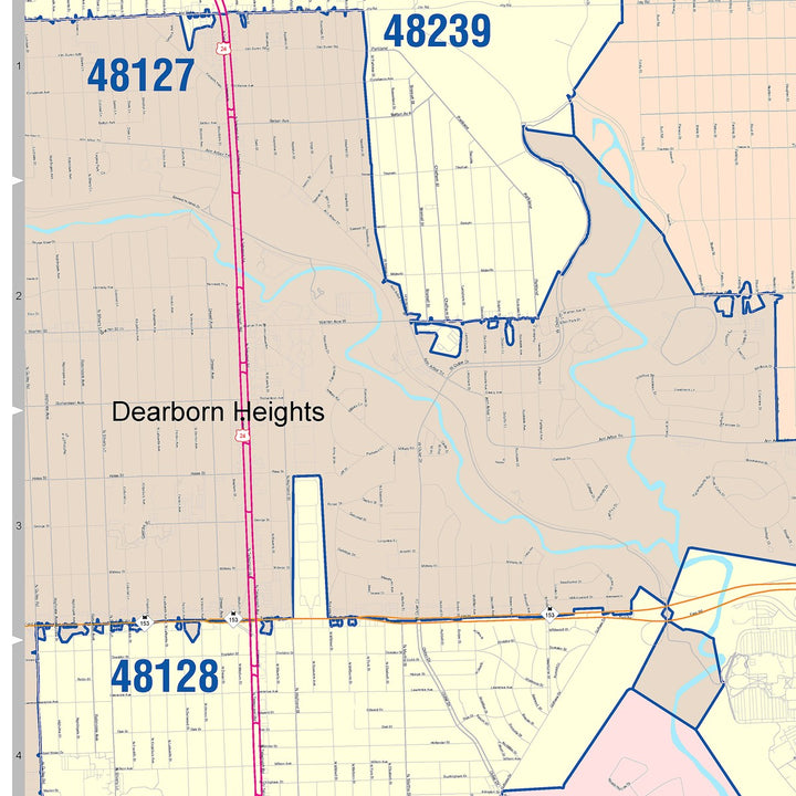 Color Cast Zip Code Style Wall Map of Dearborn, MI
