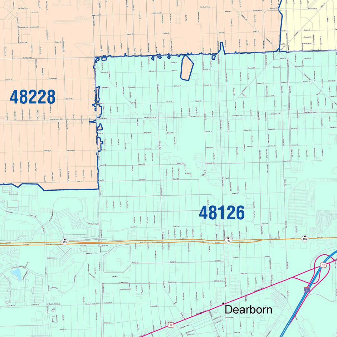 Color Cast Zip Code Style Wall Map of Dearborn, MI