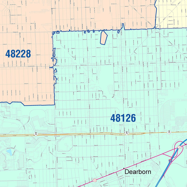 Color Cast Zip Code Style Wall Map of Dearborn, MI