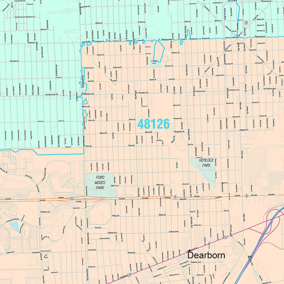 Premium Style Wall Map of Dearborn, MI