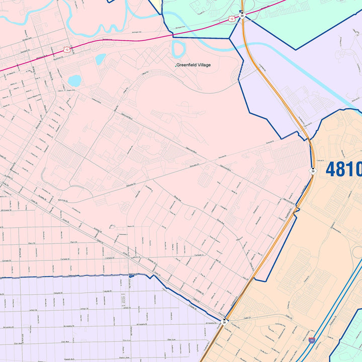 Color Cast Zip Code Style Wall Map of Dearborn, MI