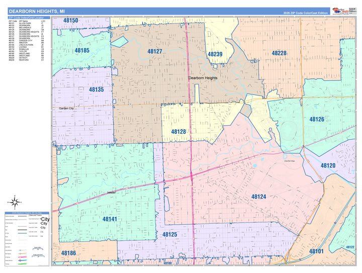 Color Cast Zip Code Style Wall Map of Dearborn Heights, MI