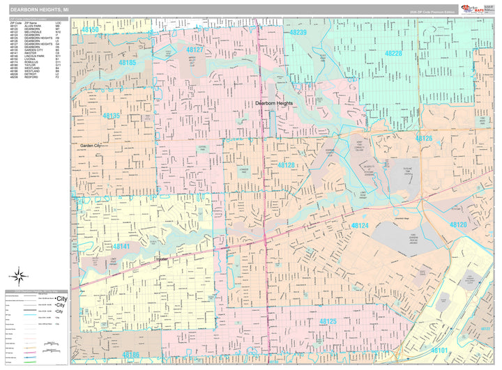 Premium Style Wall Map of Dearborn Heights, MI