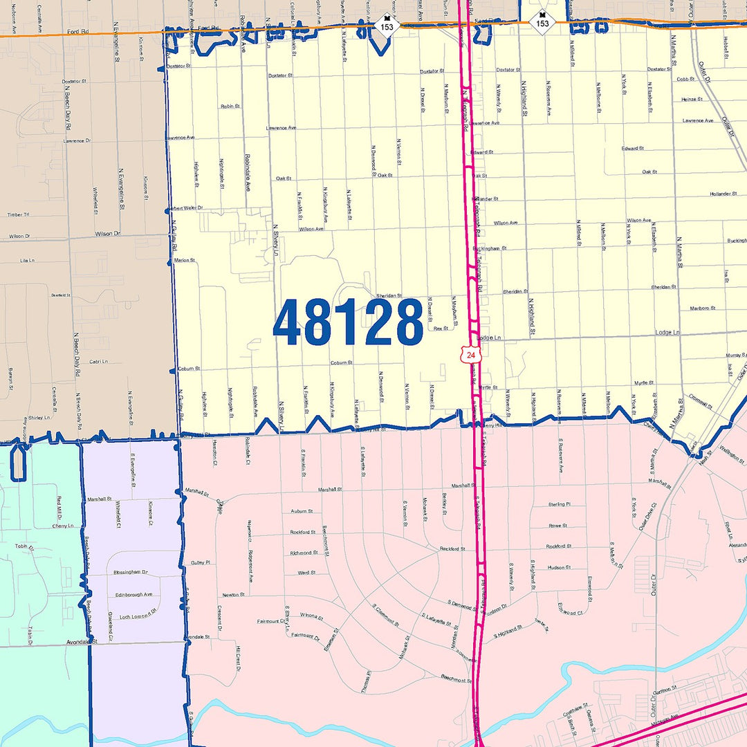 Color Cast Zip Code Style Wall Map of Dearborn Heights, MI