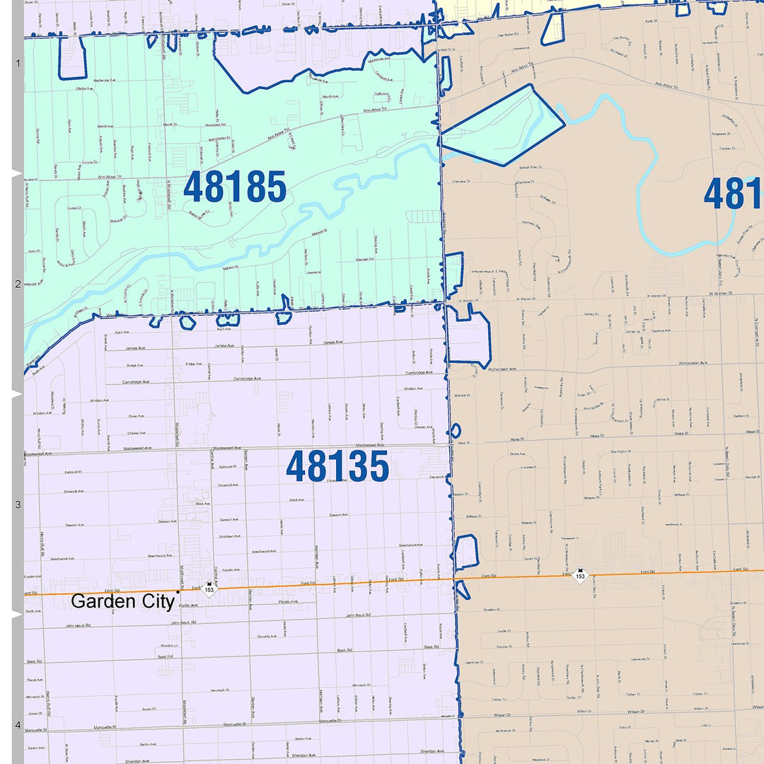 Color Cast Zip Code Style Wall Map of Dearborn Heights, MI