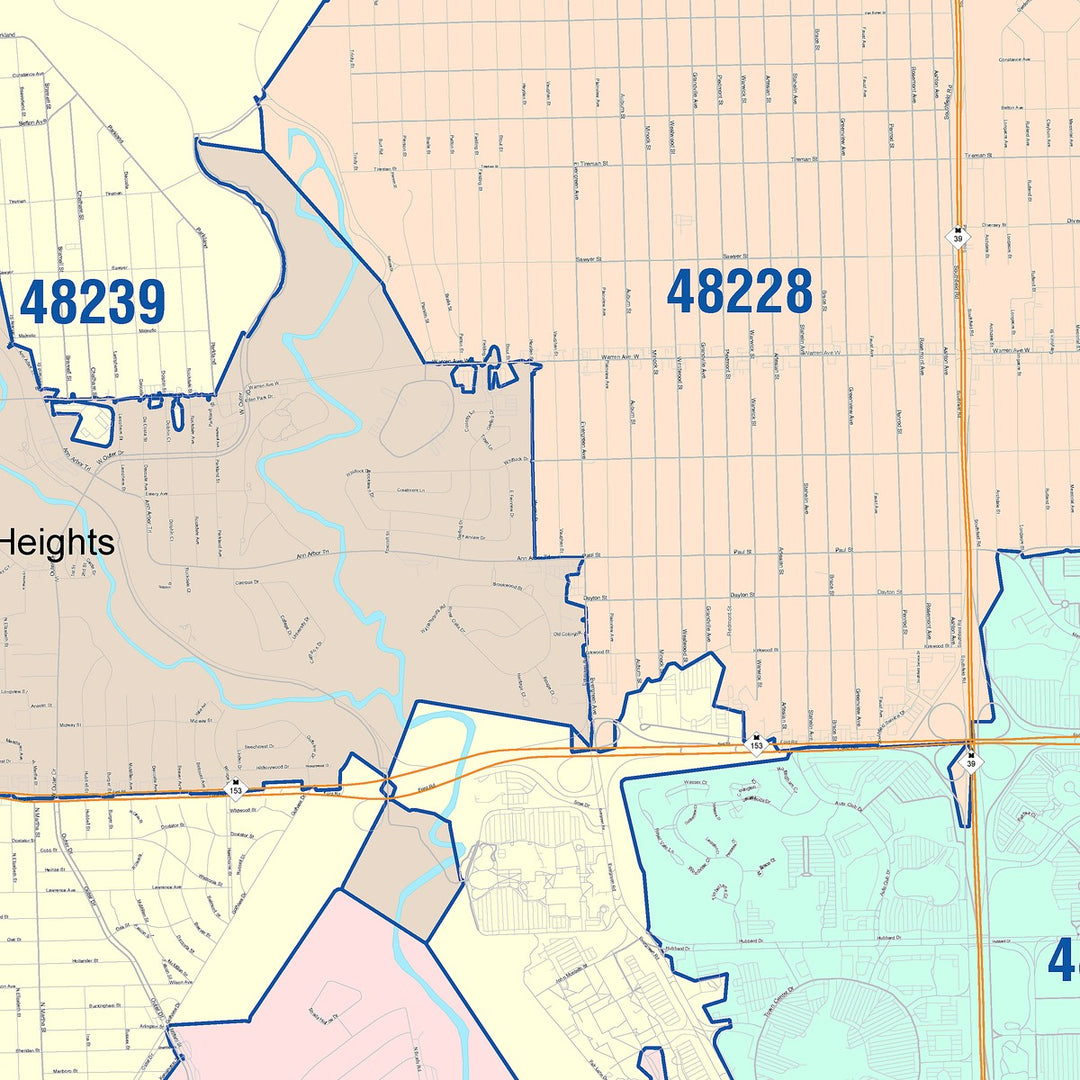 Color Cast Zip Code Style Wall Map of Dearborn Heights, MI