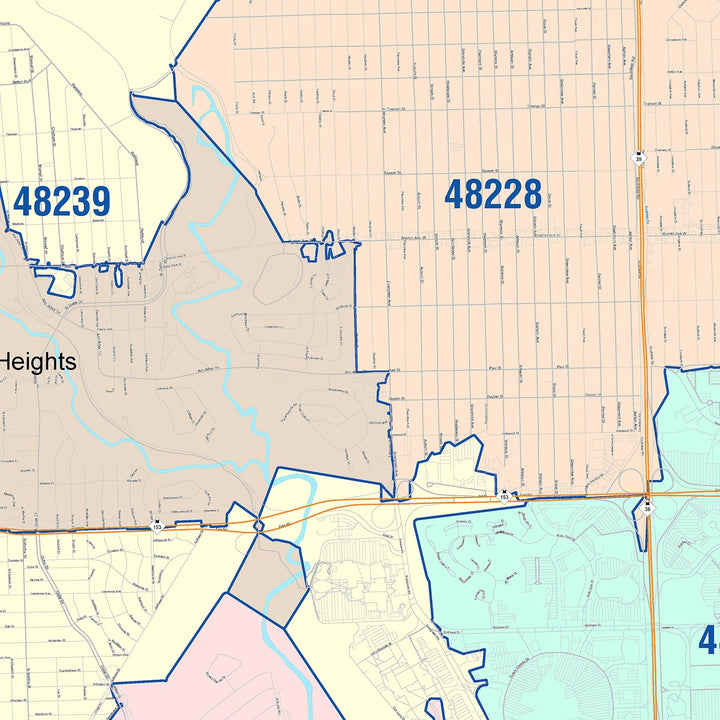 Color Cast Zip Code Style Wall Map of Dearborn Heights, MI