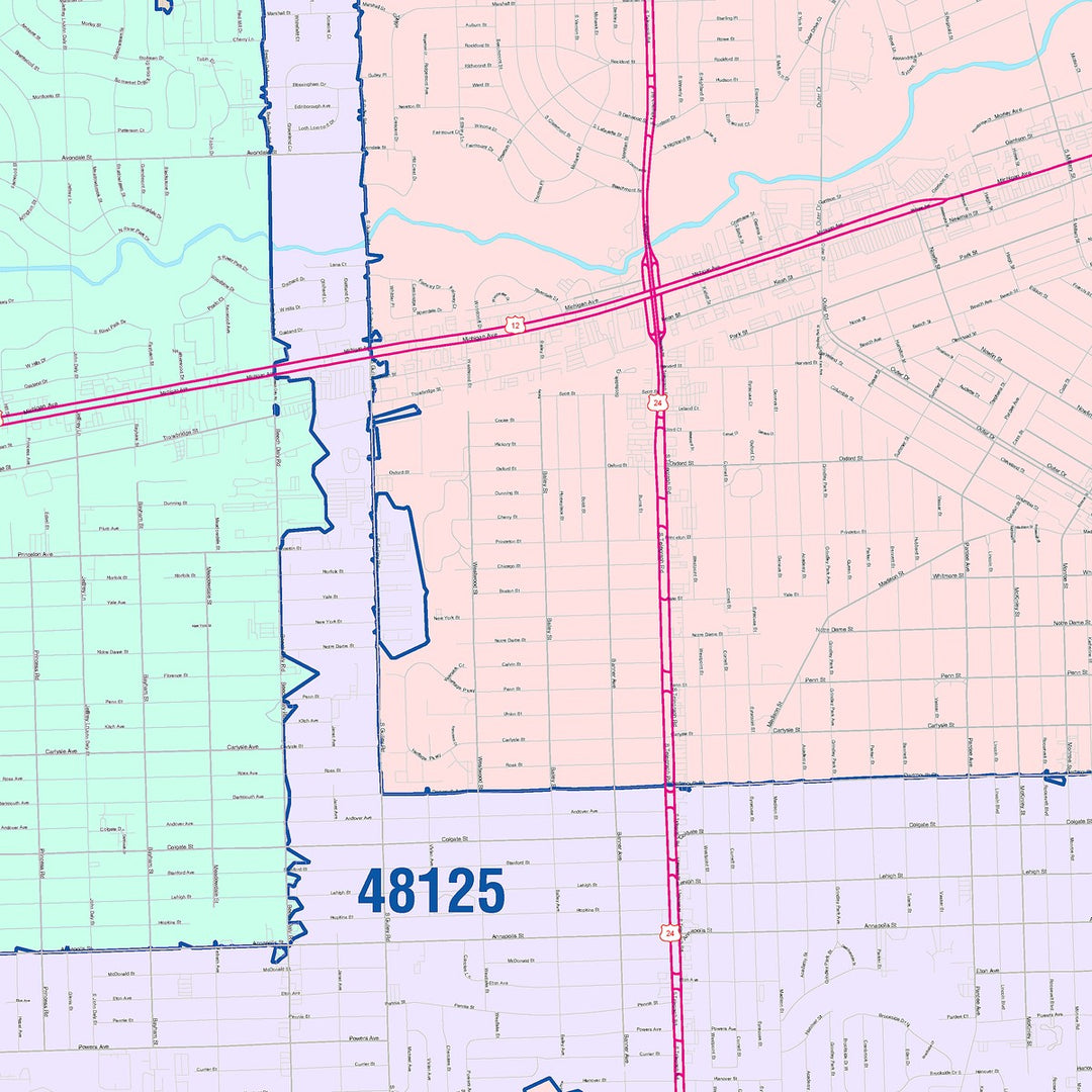 Color Cast Zip Code Style Wall Map of Dearborn Heights, MI