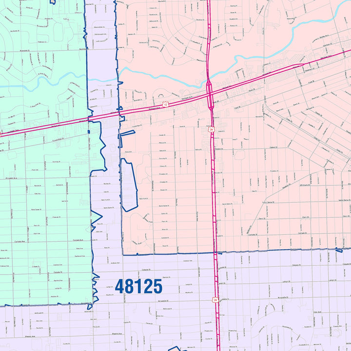Color Cast Zip Code Style Wall Map of Dearborn Heights, MI
