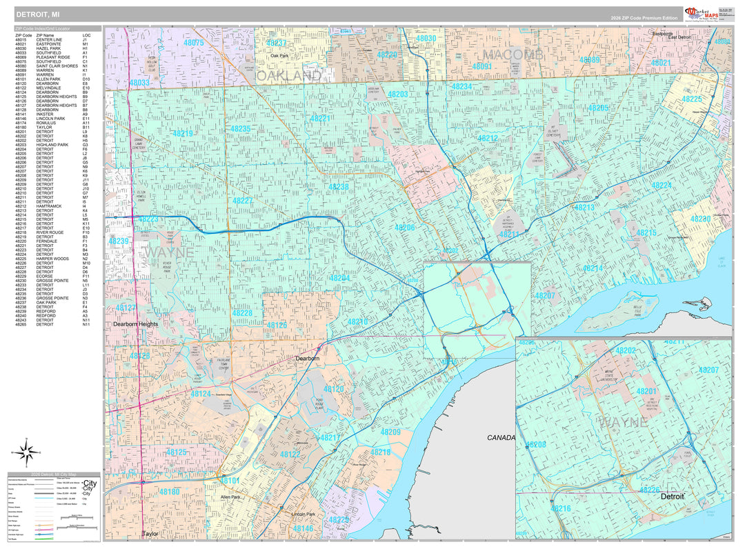 Premium Style Wall Map of Detroit MI.