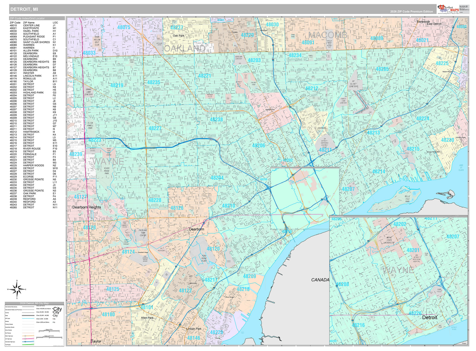 Premium Style Wall Map of Detroit MI.