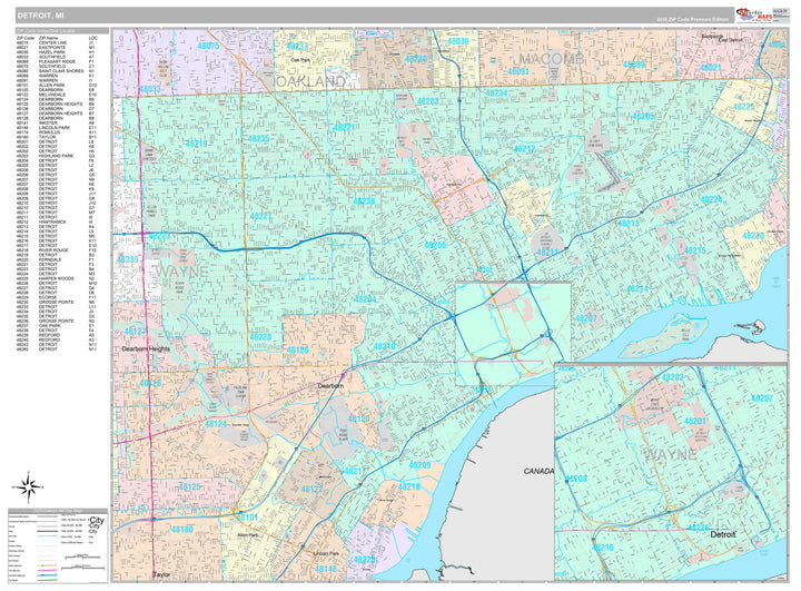Premium Style Wall Map of Detroit MI.