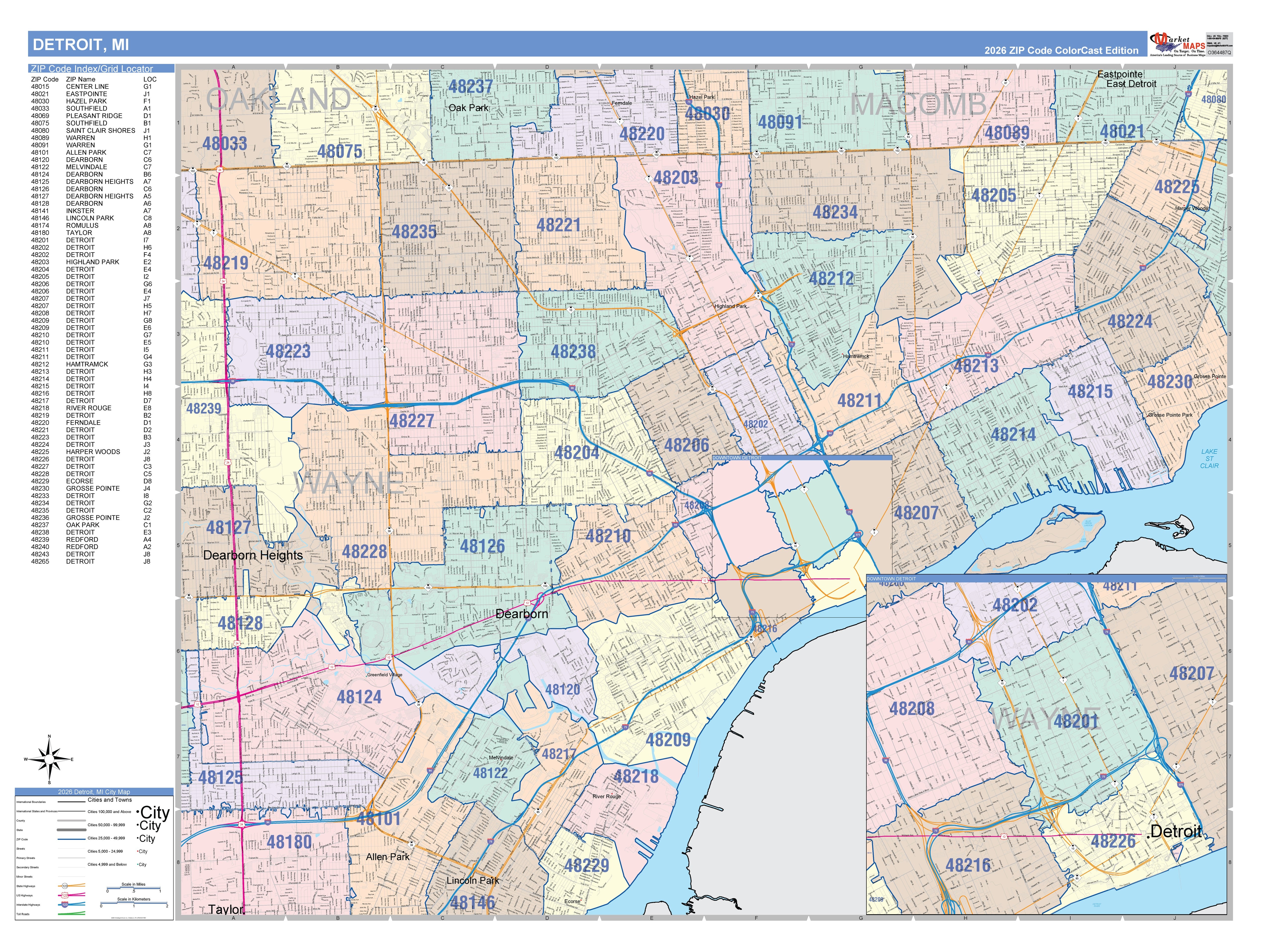 Colorcast Zip Code Style Wall Map of Detroit, MI – American Map Store