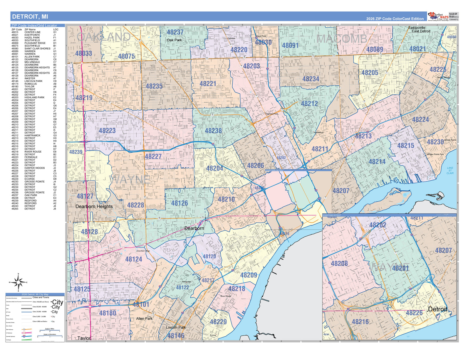 Colorcast Zip Code Style Wall Map of Detroit MI