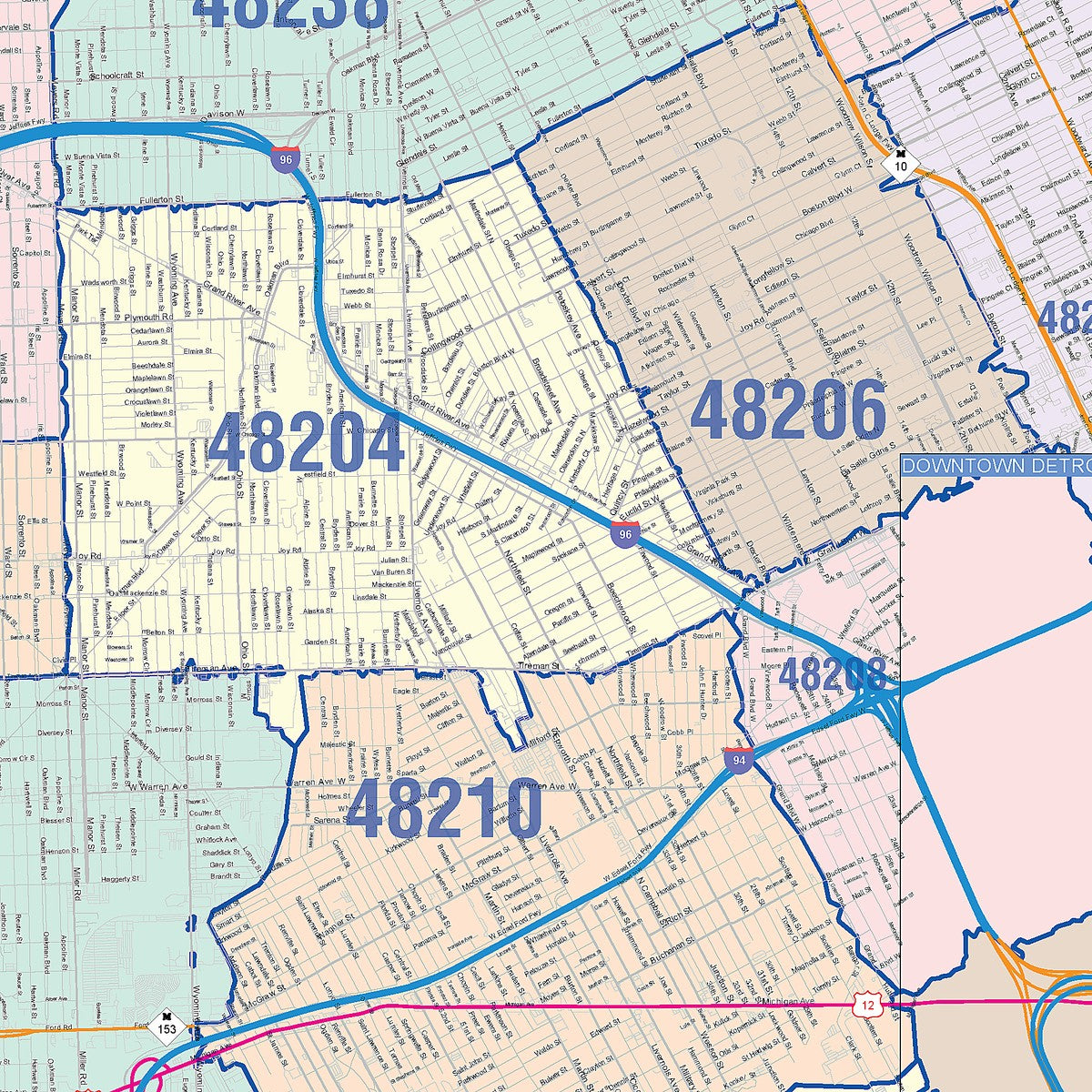 Colorcast Zip Code Style Wall Map of Detroit MI