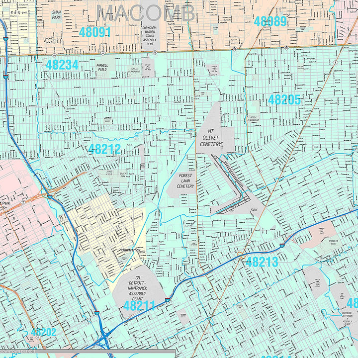 Premium Style Wall Map of Detroit MI.