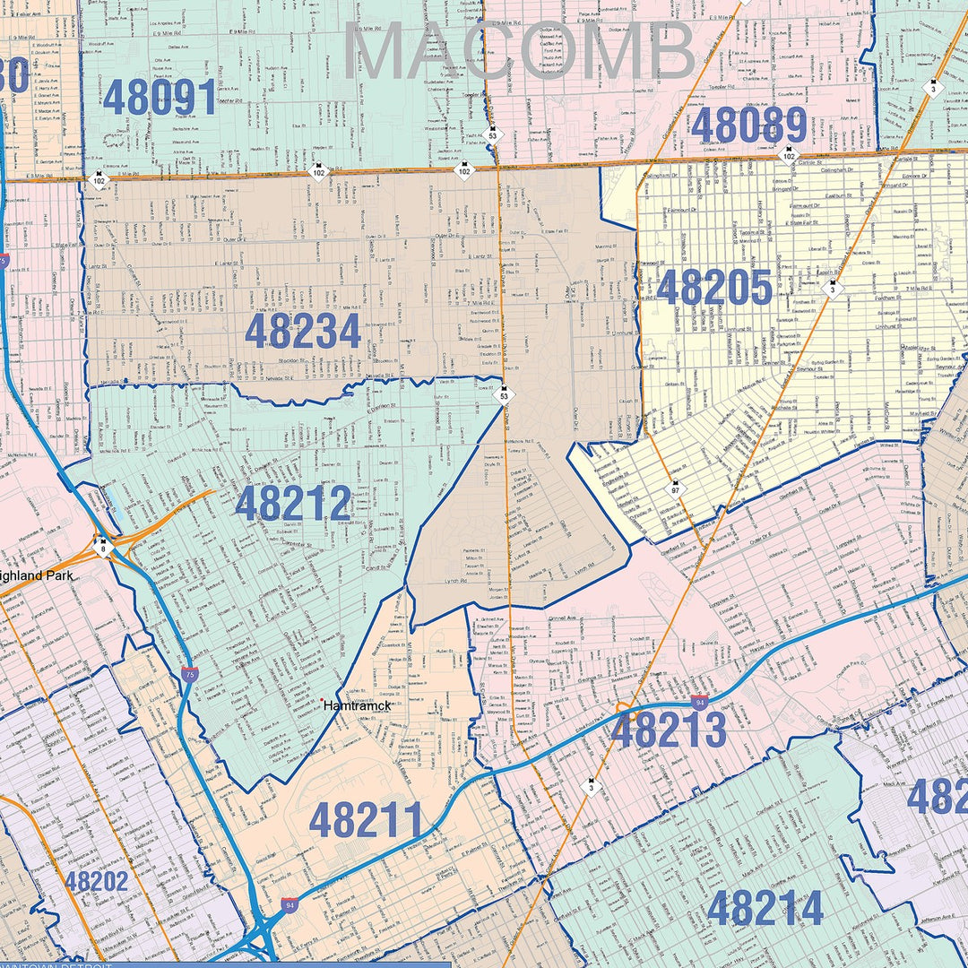 Colorcast Zip Code Style Wall Map of Detroit, MI – American Map Store