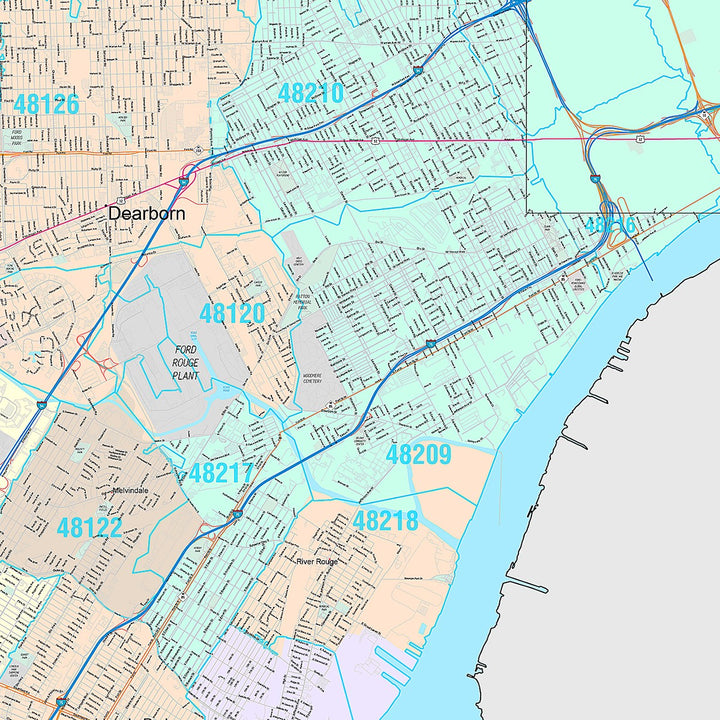 Premium Style Wall Map of Detroit MI.