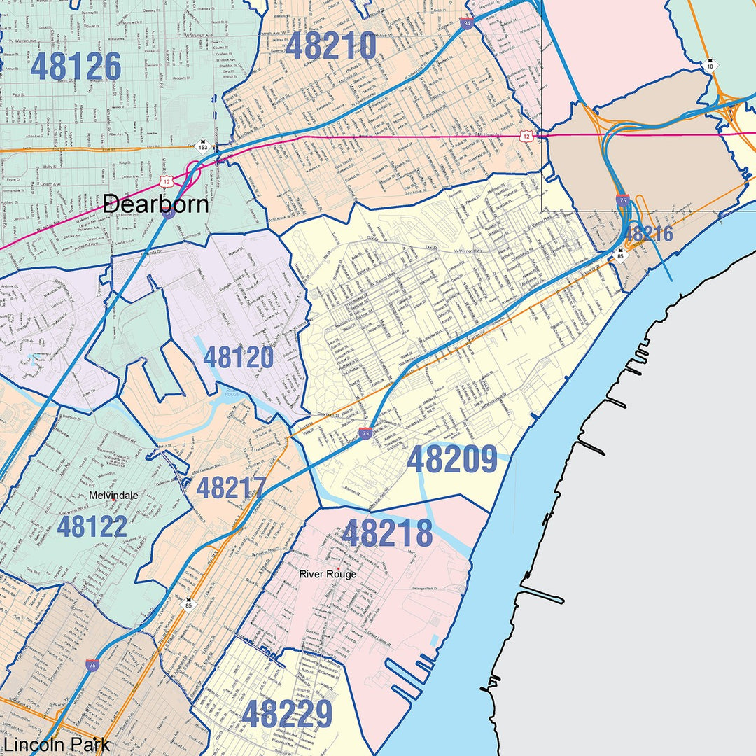 Colorcast Zip Code Style Wall Map of Detroit, MI – American Map Store