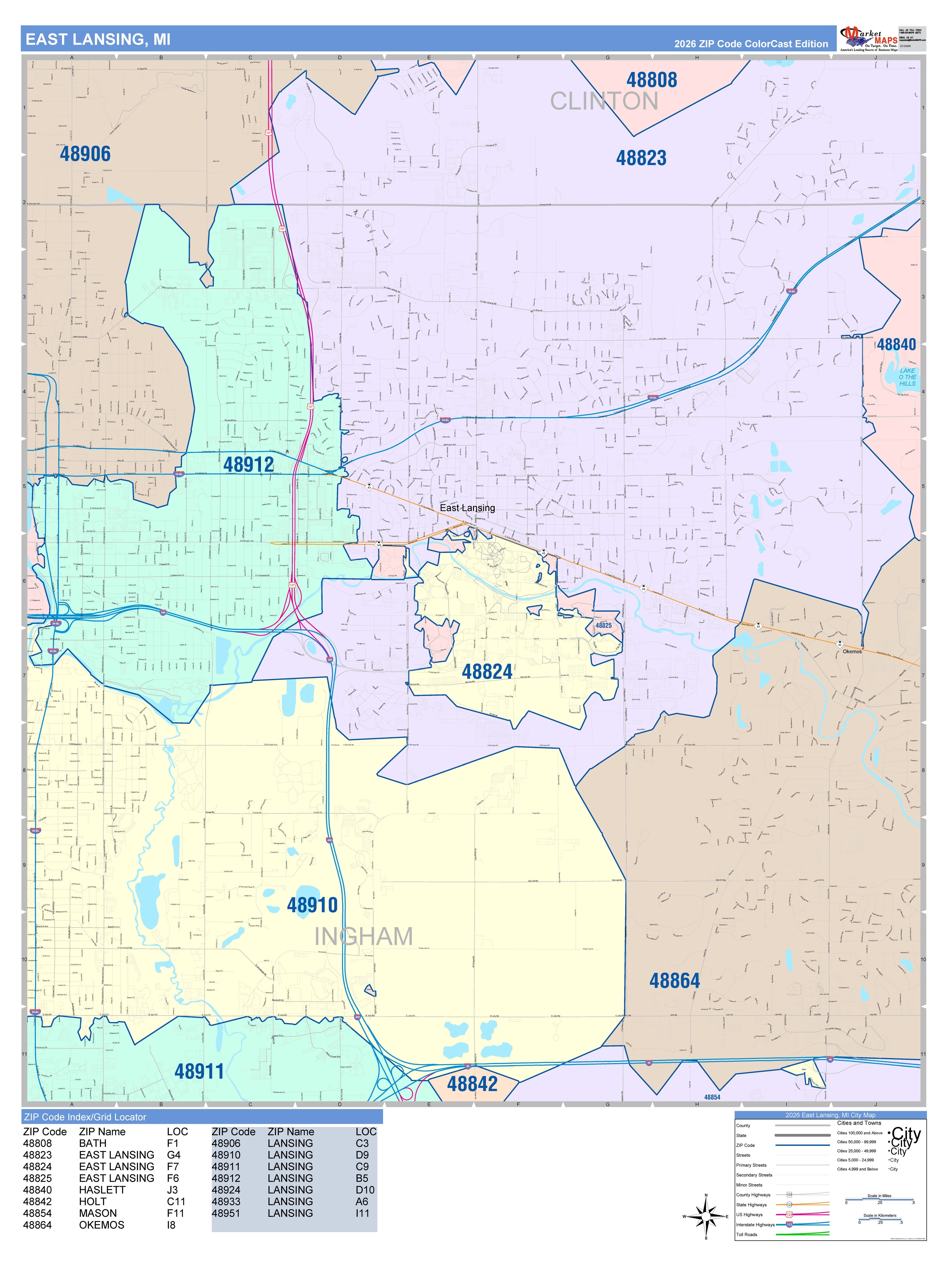L⇔R MAP EAST CD欠品 Color Cast Zip Code Style Wall Map of East Lansing, MI – American